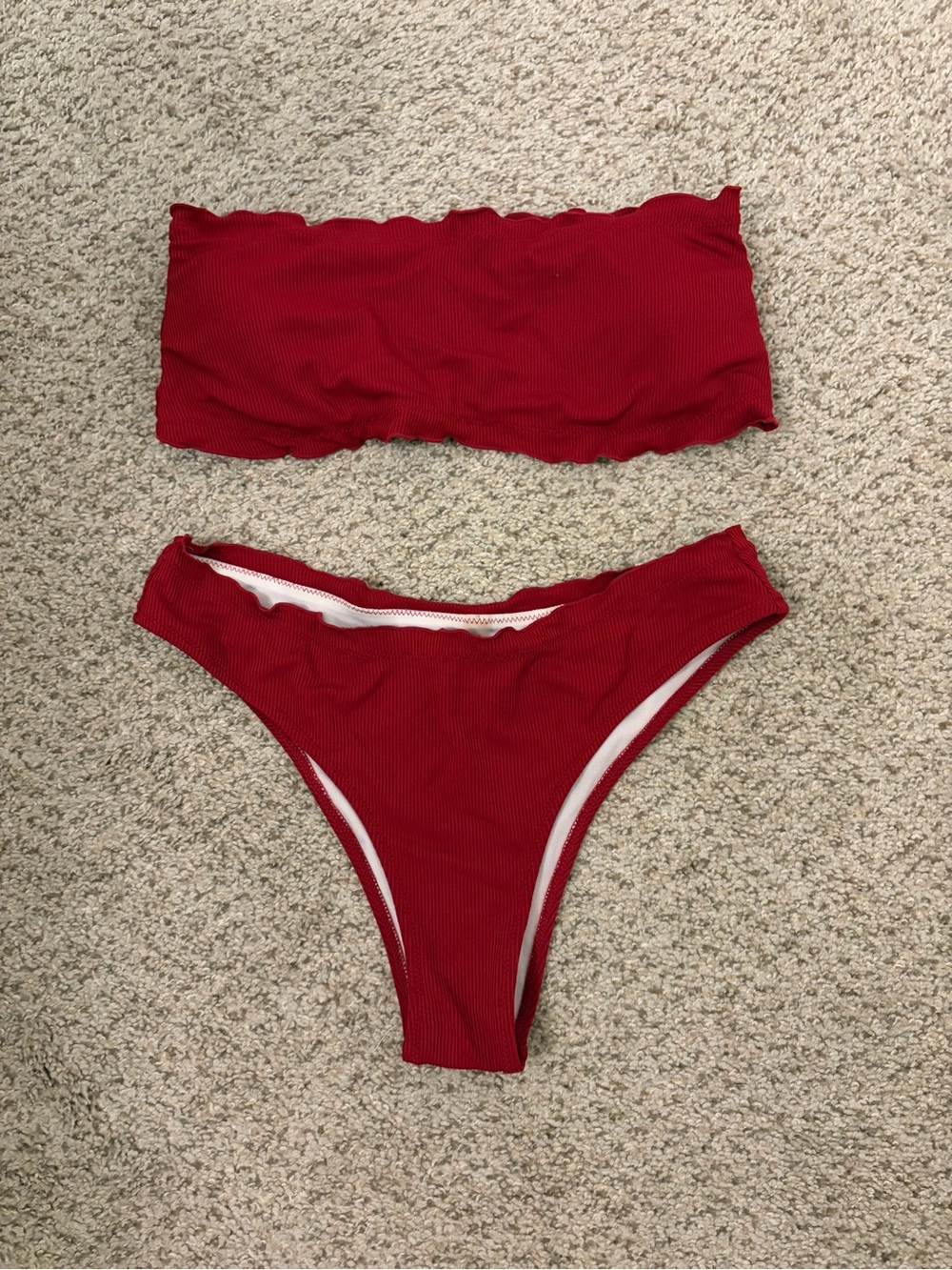 Zaful Red Ribbed Bandeau Bikini Set